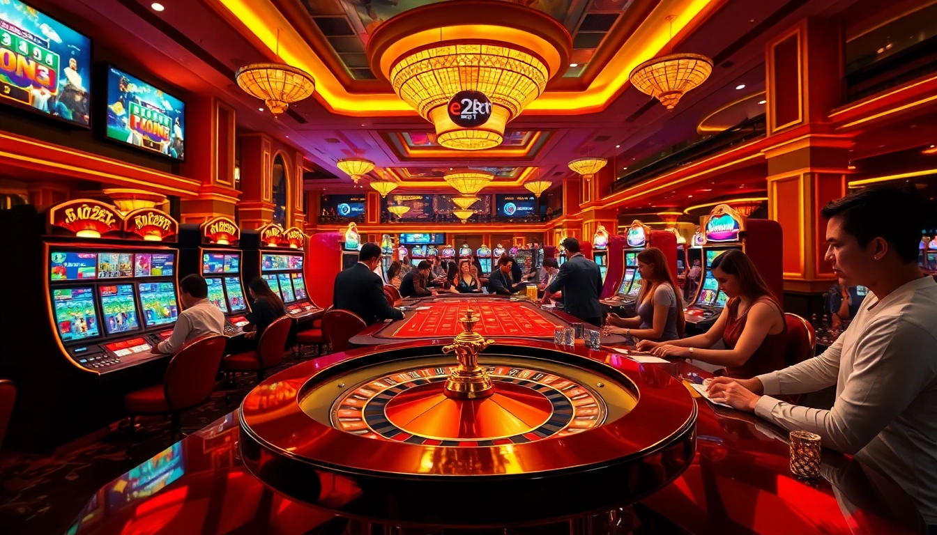 Experience excitement at e2bet's virtual casino featuring vibrant roulette wheels and colorful slot machines.