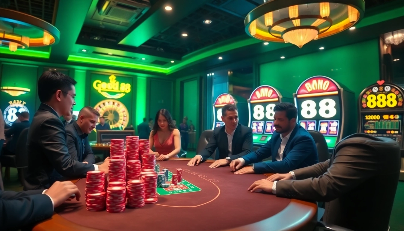 Players strategize their bets at a poker table, celebrating Good 88 wins amid vibrant casino lights.