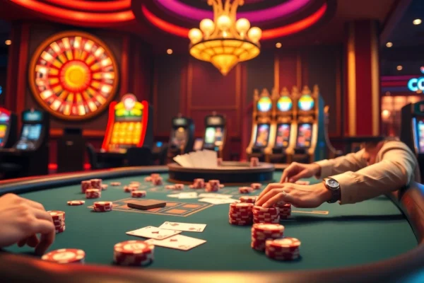 Experience thrilling poker action at uu88 with vibrant casino elements and luxurious ambiance.