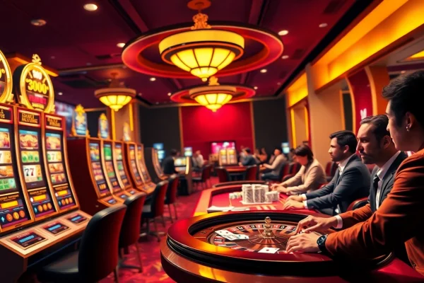 Excited gamblers engaging with MB66.COM's online casino games featuring vivid slots and roulette.