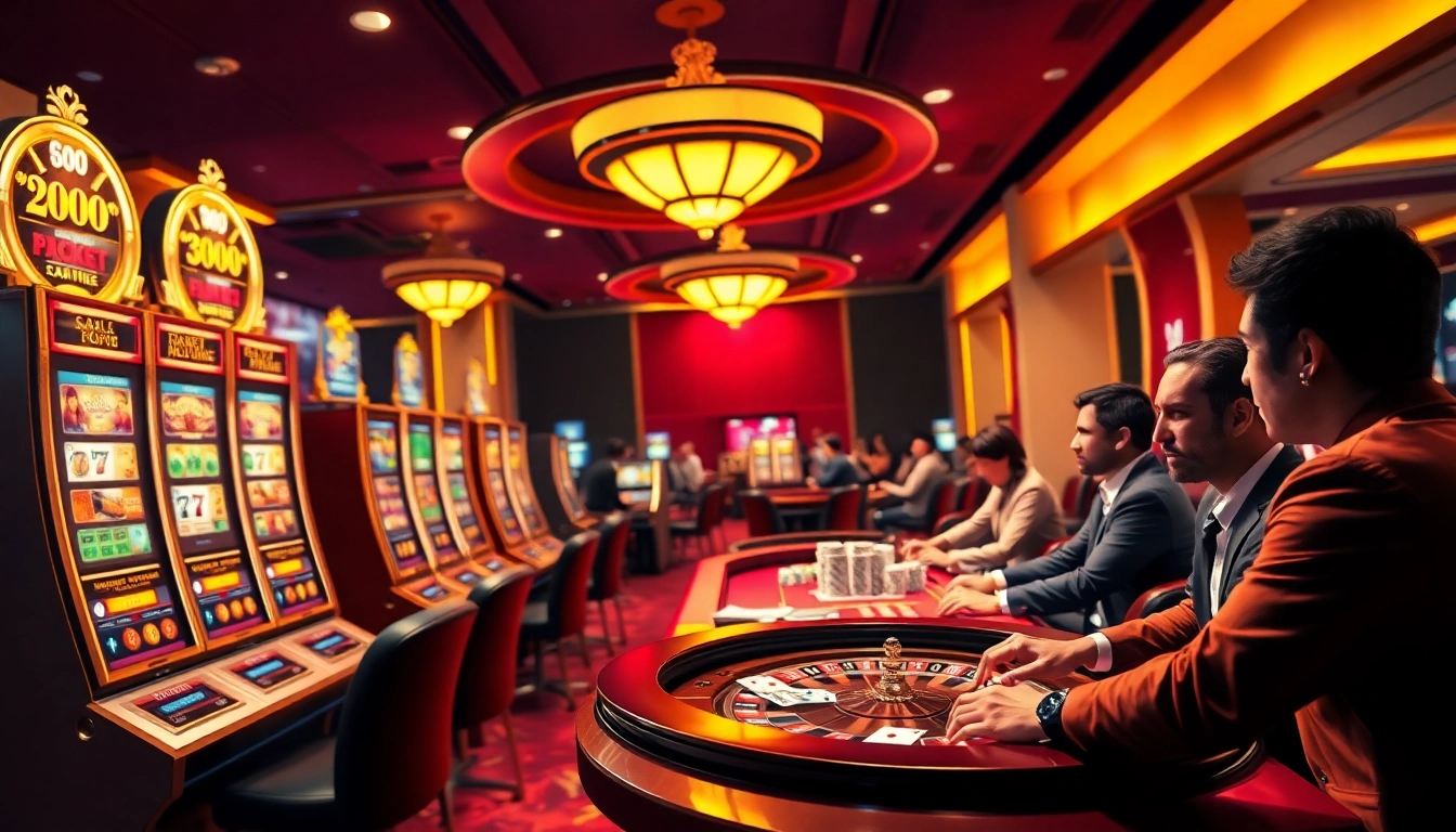Excited gamblers engaging with MB66.COM's online casino games featuring vivid slots and roulette.
