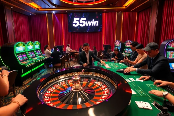 Exciting casino scene featuring betting on 55win roulette and vibrant poker action.