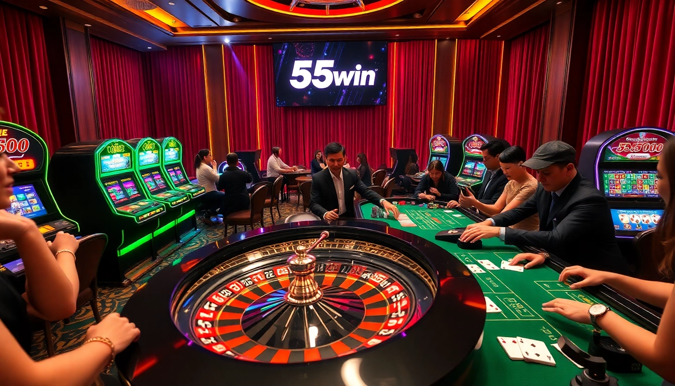 Exciting casino scene featuring betting on 55win roulette and vibrant poker action.