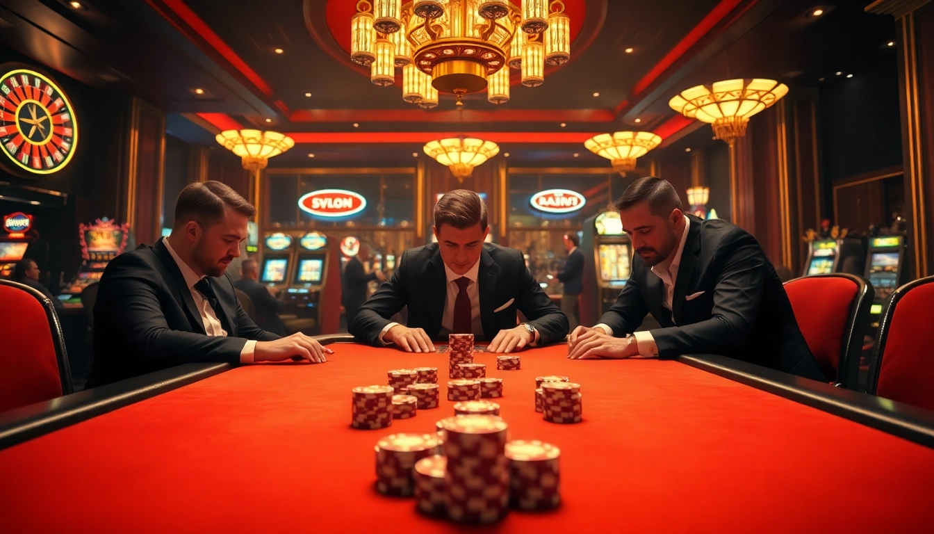 Experience luxury at SV88 VIP casino with intense poker action and vibrant gaming elements.
