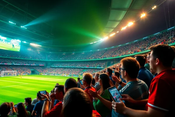 Fans enjoying live football matches on various devices through vaoluoitv.it.com, showcasing excitement and engagement.