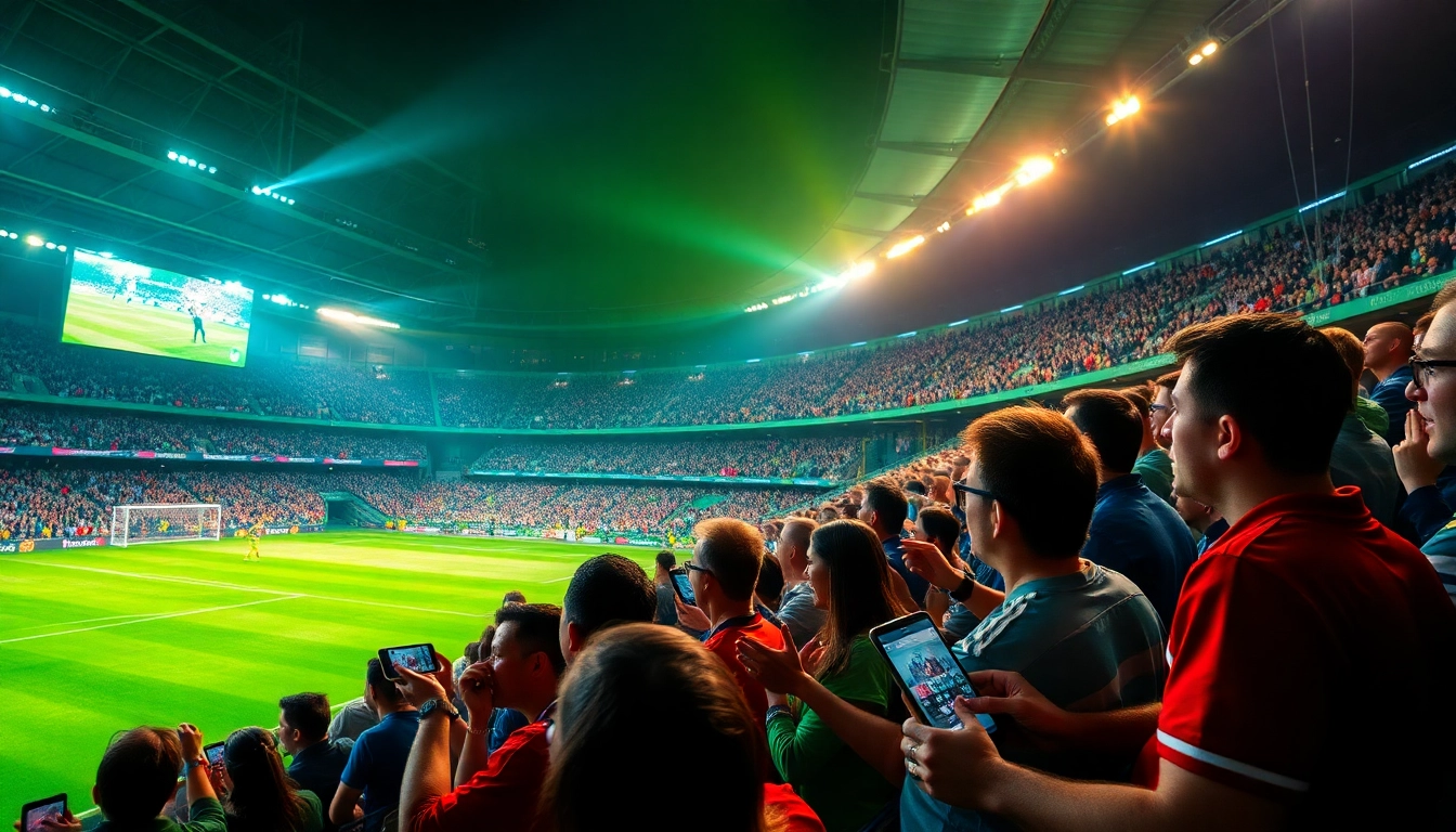 Fans enjoying live football matches on various devices through vaoluoitv.it.com, showcasing excitement and engagement.