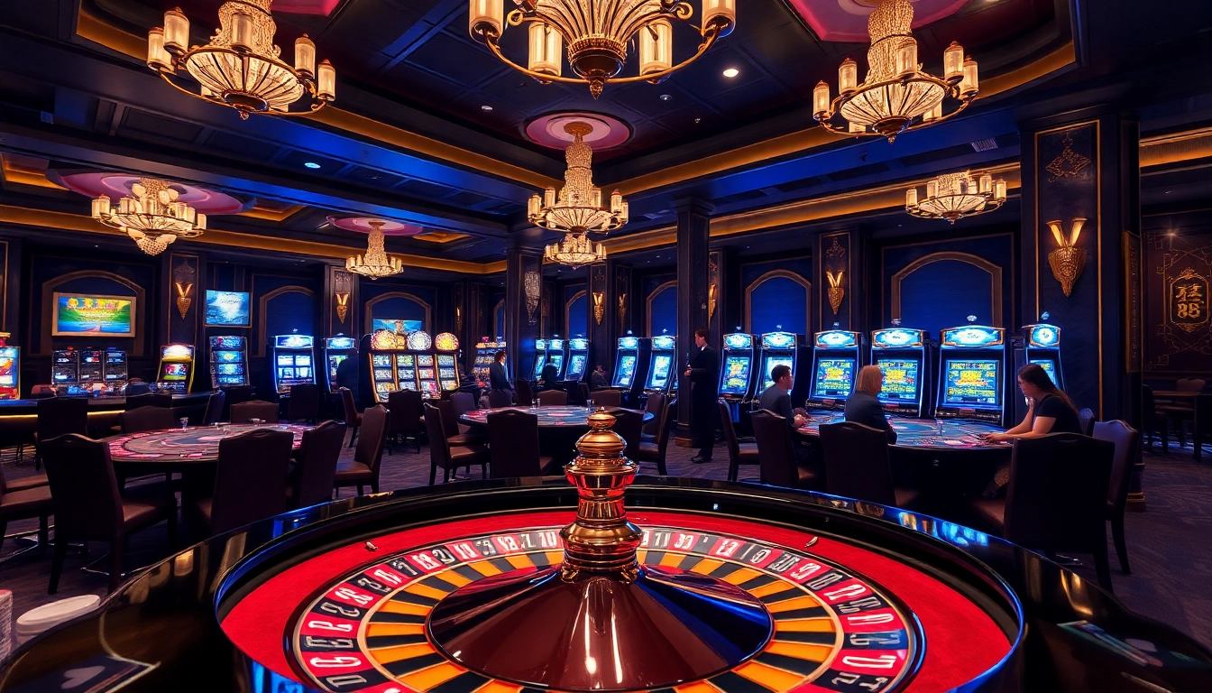 Engage in thrilling gameplay at the luxurious sky 88 casino with vibrant slot machines and poker tables.