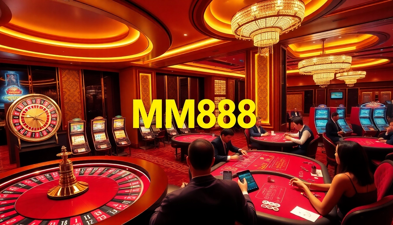 Experience the excitement of MM88 in a luxurious casino environment with roulette and slot machines.