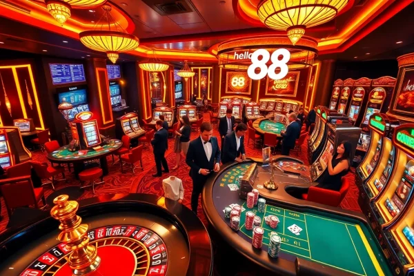 Hello 88 casino scene with vibrant gaming tables and luxury ambiance. Gamblers engaged in games.