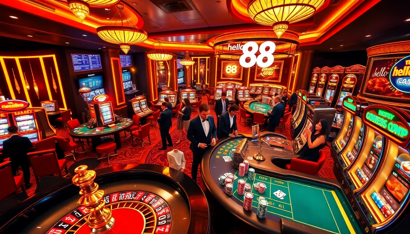 Hello 88 casino scene with vibrant gaming tables and luxury ambiance. Gamblers engaged in games.