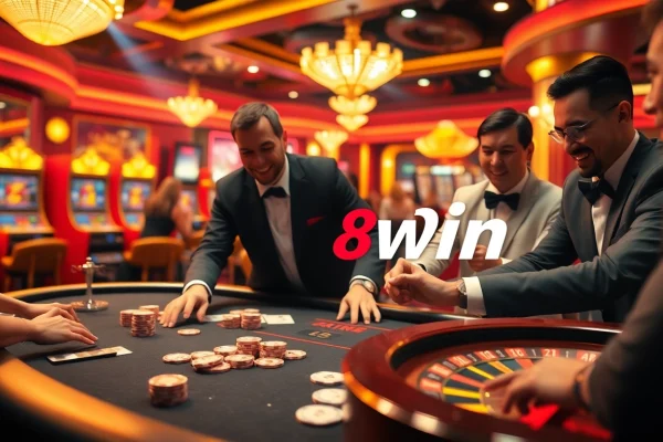 98win players enjoying a luxurious casino atmosphere with poker chips, cards, and slot machines.
