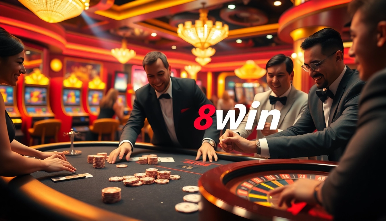 98win players enjoying a luxurious casino atmosphere with poker chips, cards, and slot machines.