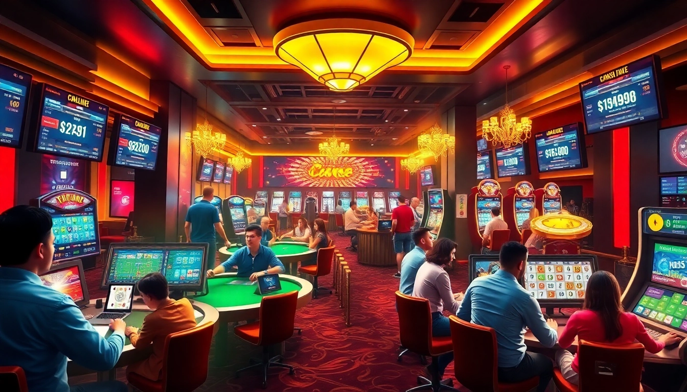 Hello88win.live showcases a vibrant online gambling atmosphere with players enjoying poker, slots, and sports betting in a sleek casino.