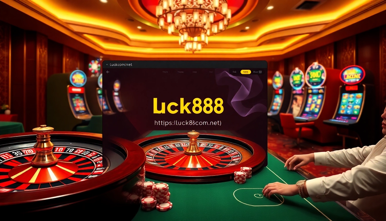 Experience the thrill of gambling at https://luck88com.net/ with vibrant gaming visuals, roulette wheels, and poker chips.