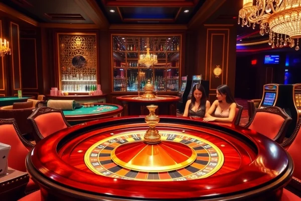 Players enjoying high-stakes betting at a luxurious GG88 roulette table surrounded by opulent decor.