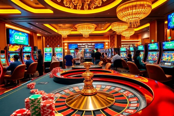 Experience the excitement of DA BET at a luxurious casino with vibrant game tables and eager players.