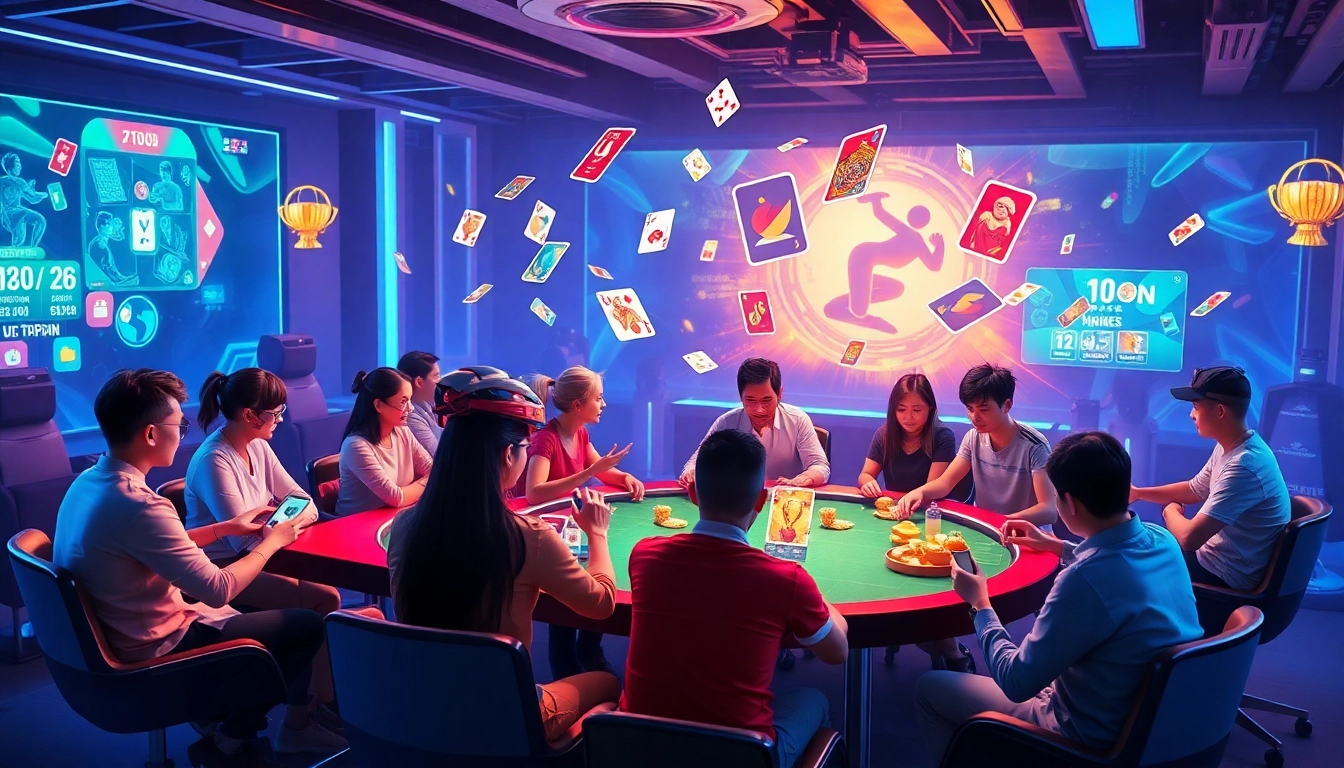 Exciting digital card gaming scene showcasing gamebaidoithuong.com.vc with diverse players engaging in popular games.