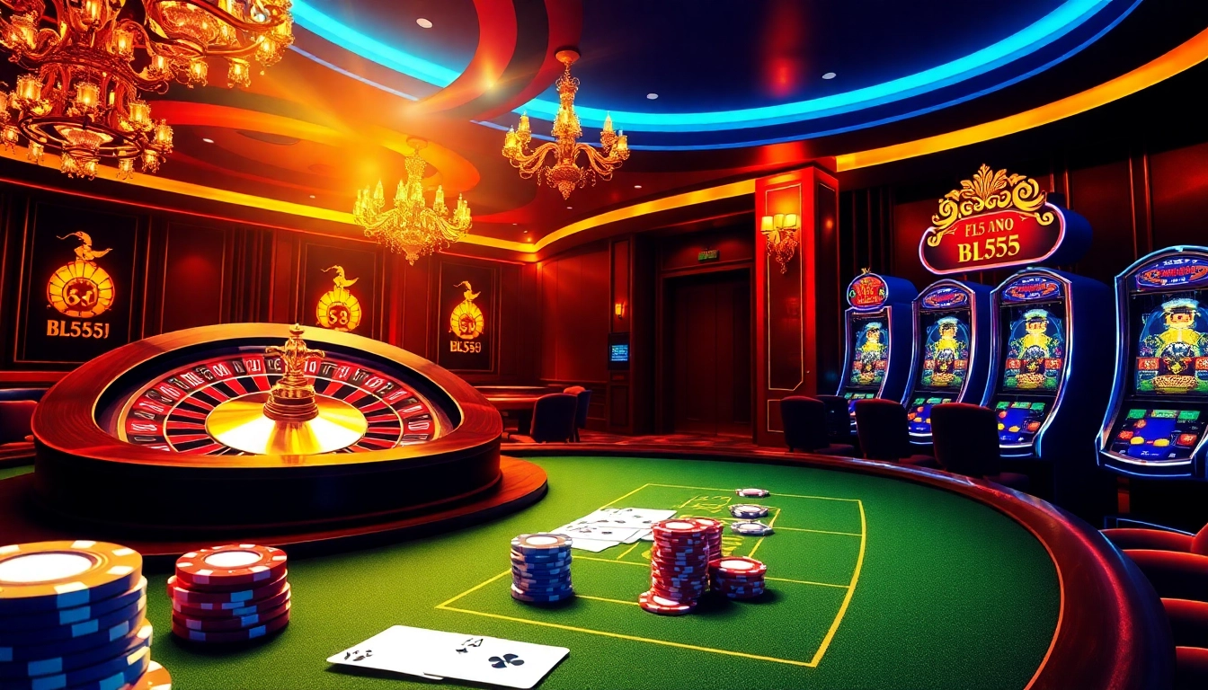 Engage with the immersive experience of nhà cái BL555 featuring casino tables, poker chips, and a roulette wheel.