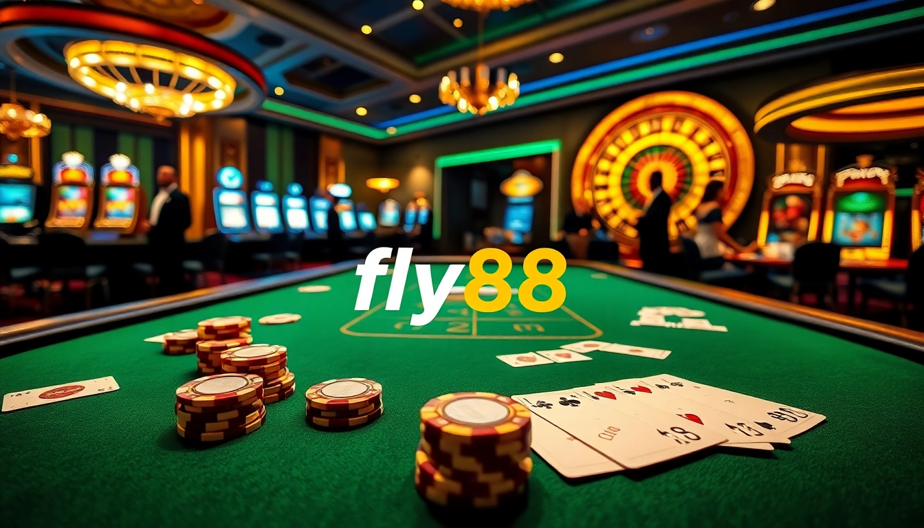 Experience the thrill of fly88 in a luxurious casino loaded with poker chips and roulette wheels.