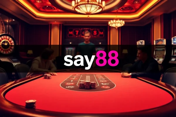 Players enjoying poker at say88's luxurious casino with roulette and slot machines.