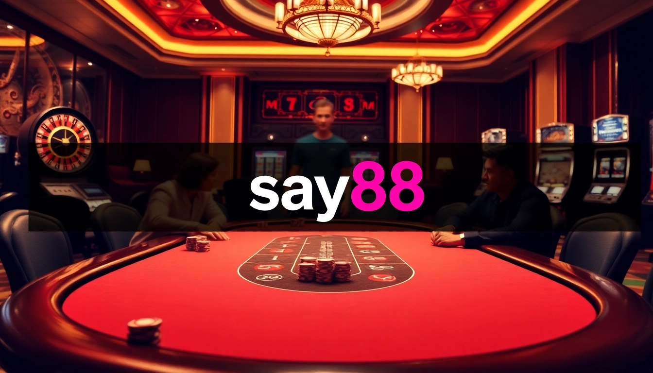 Players enjoying poker at say88's luxurious casino with roulette and slot machines.