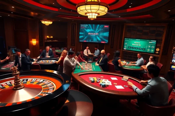 Engaging gamblers at a casino scene showcasing https://mm88.sh/ with a roulette wheel and vibrant poker action.