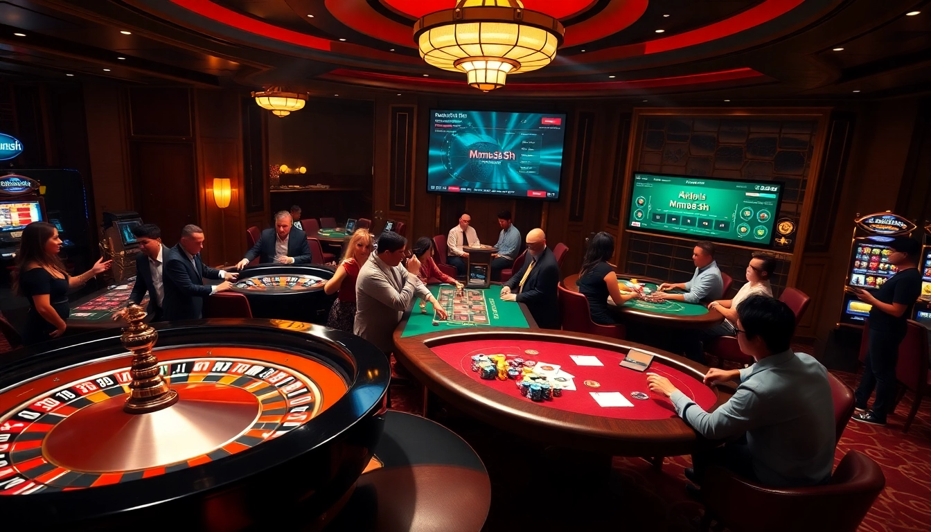 Engaging gamblers at a casino scene showcasing https://mm88.sh/ with a roulette wheel and vibrant poker action.