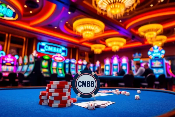 Engaged players enjoying a game in a vibrant casino featuring CM88 poker chips.