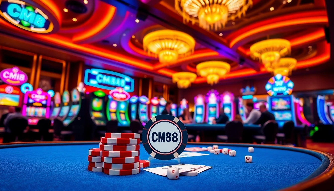 Engaged players enjoying a game in a vibrant casino featuring CM88 poker chips.