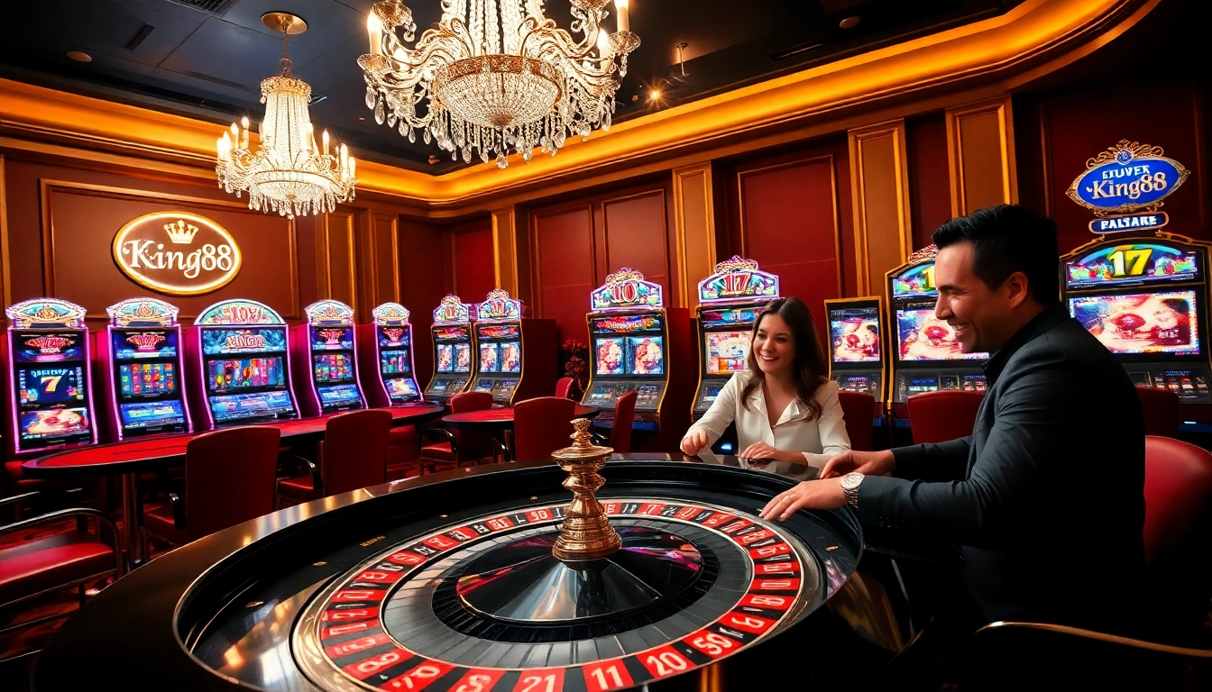 Players enjoying a thrilling game at the luxurious king88 casino, complete with roulette and slot machines.