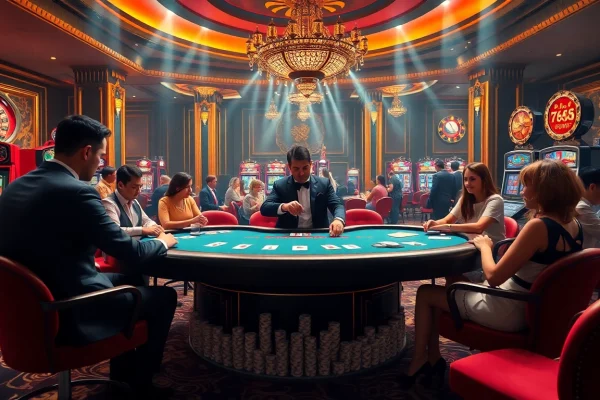 Engaging casino scene showcasing nhà cái BL555 with poker players, roulette wheel, and vibrant slot machines.
