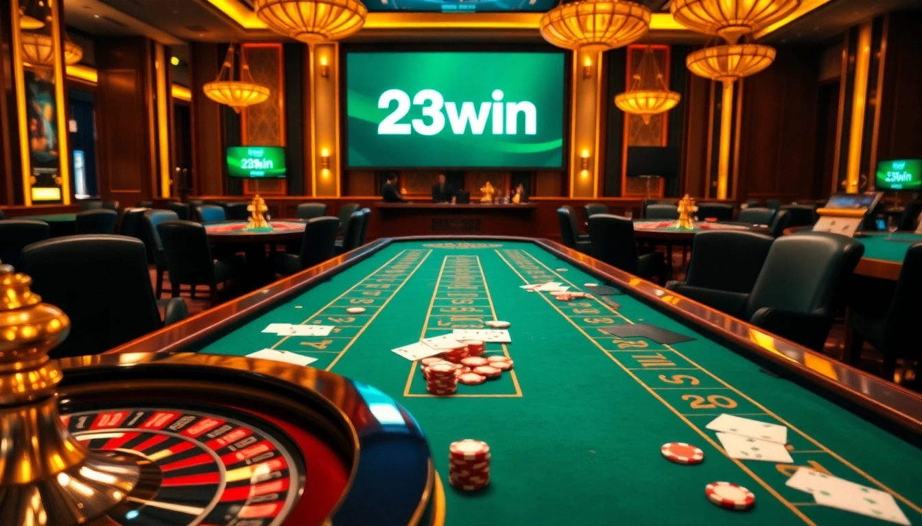 Experience the thrill of 23win in a luxurious casino setting filled with poker chips and roulette.