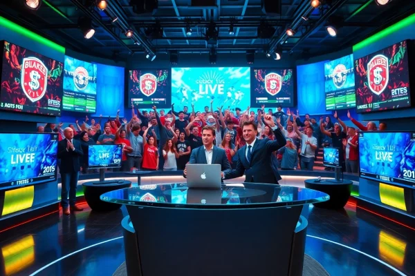 Engaging sports broadcasting anchor delivering live updates in a vibrant studio setting.