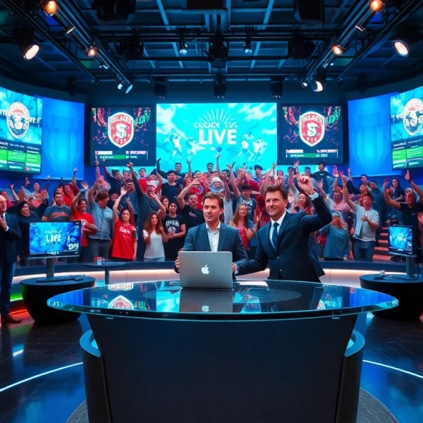 Engaging sports broadcasting anchor delivering live updates in a vibrant studio setting.