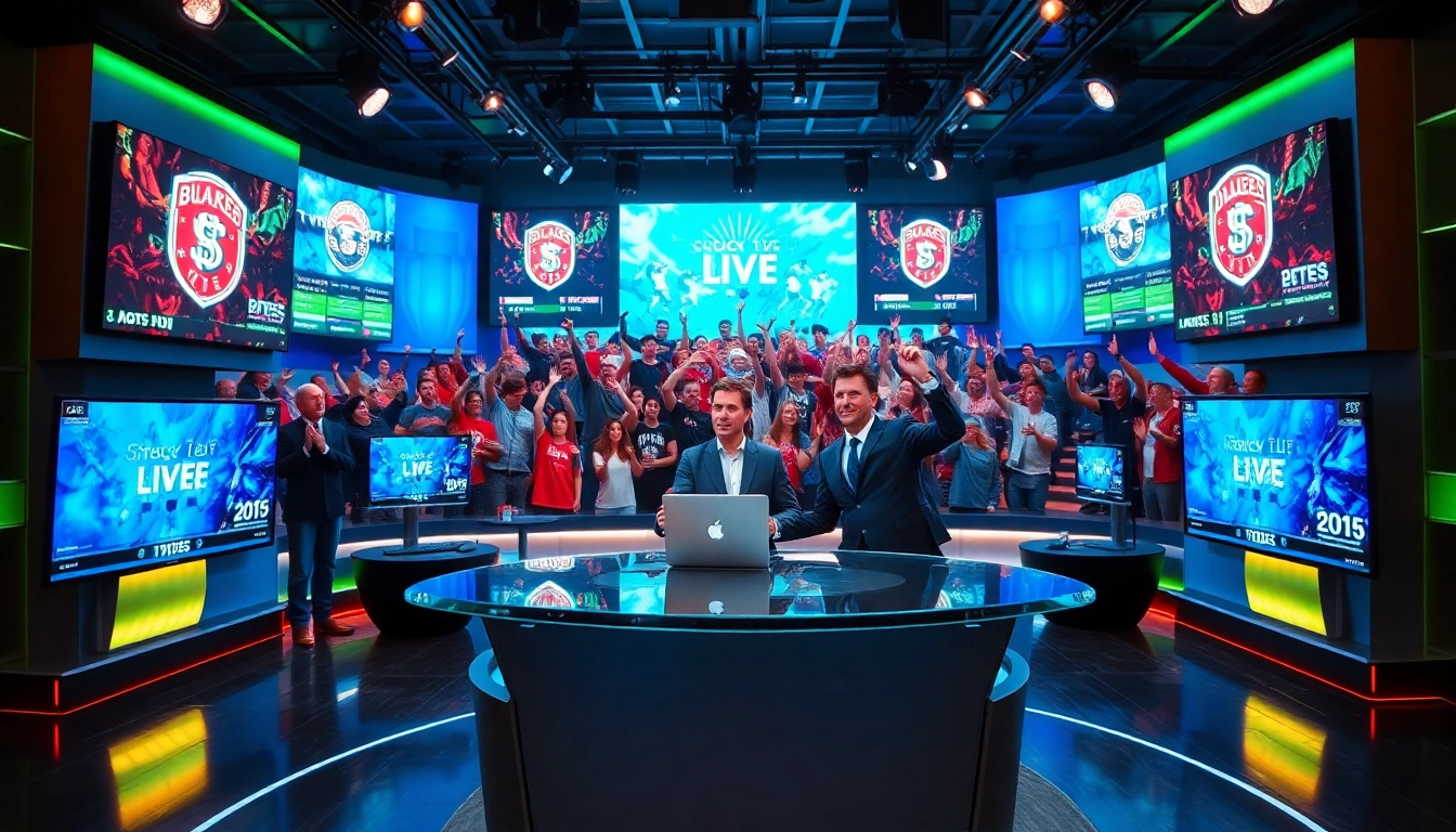 Engaging sports broadcasting anchor delivering live updates in a vibrant studio setting.