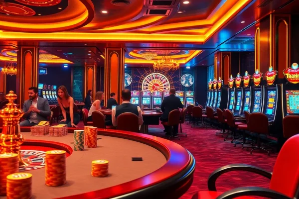 Exciting casino scene showcasing liên minh kjc with players at the poker table and vibrant slot machines.