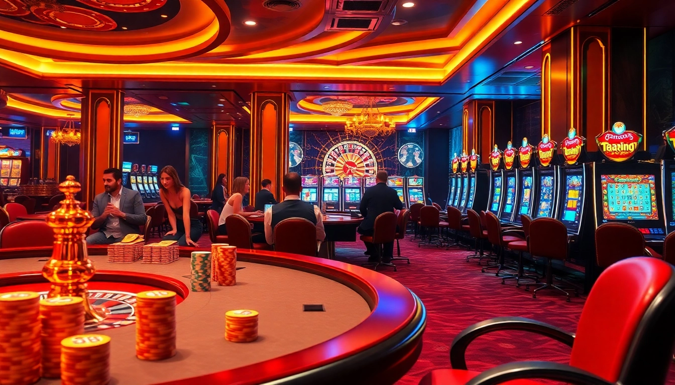 Exciting casino scene showcasing liên minh kjc with players at the poker table and vibrant slot machines.