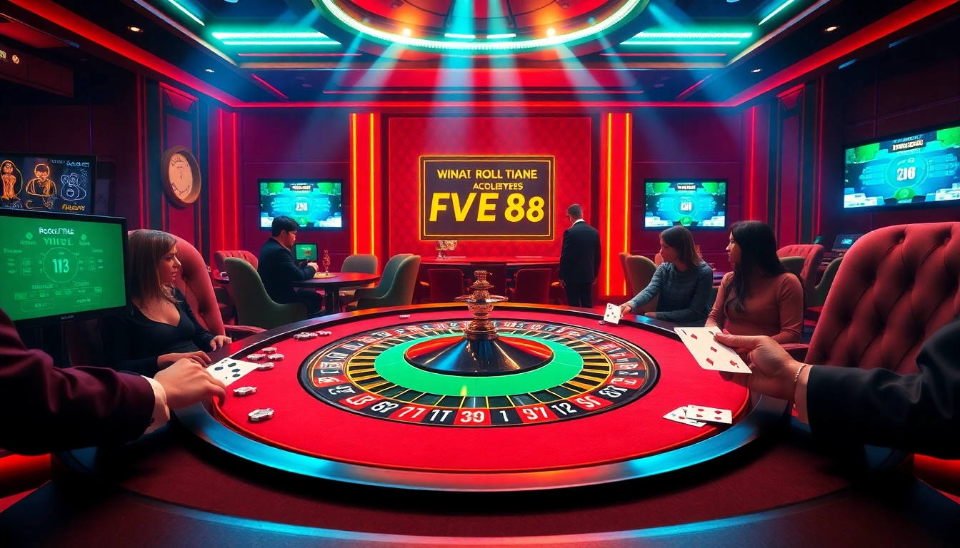 Experience the excitement of five88 vin with players at a luxurious casino roulette table.