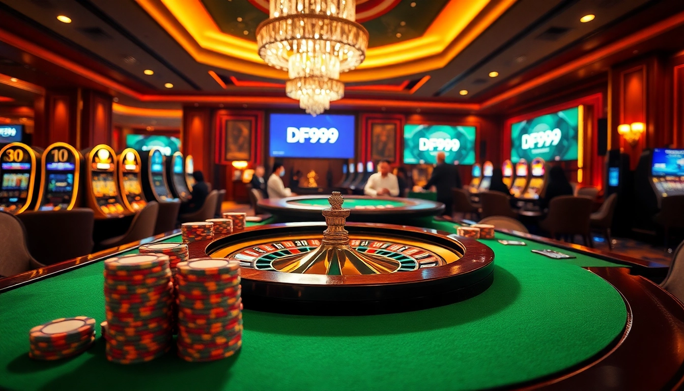 Experience the thrill of DF999 nhà cái with a luxurious casino setting featuring poker chips and a roulette table.