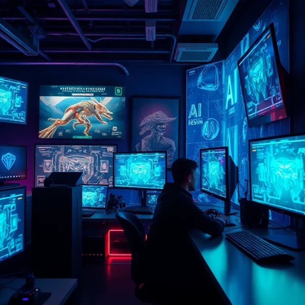 Exploring game AI technologies in a modern gaming studio with dynamic screens.