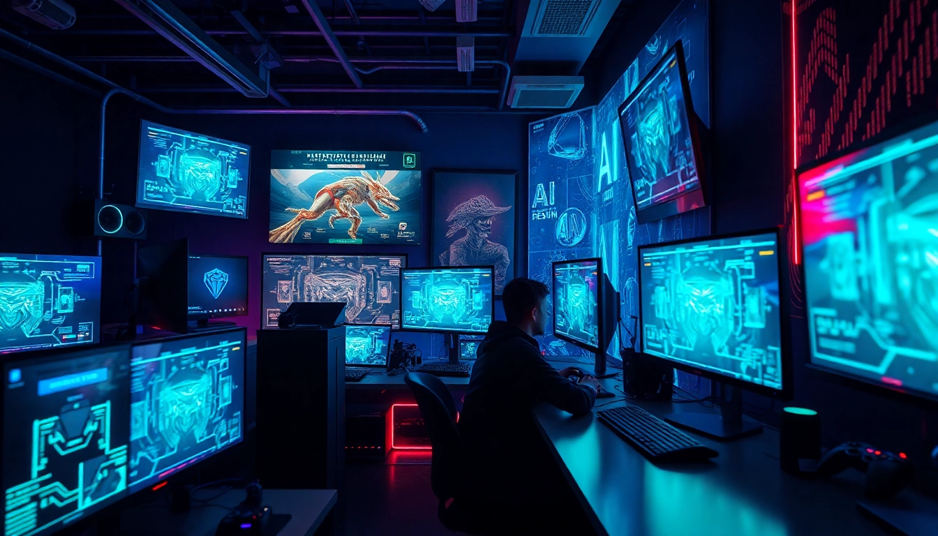 Exploring game AI technologies in a modern gaming studio with dynamic screens.