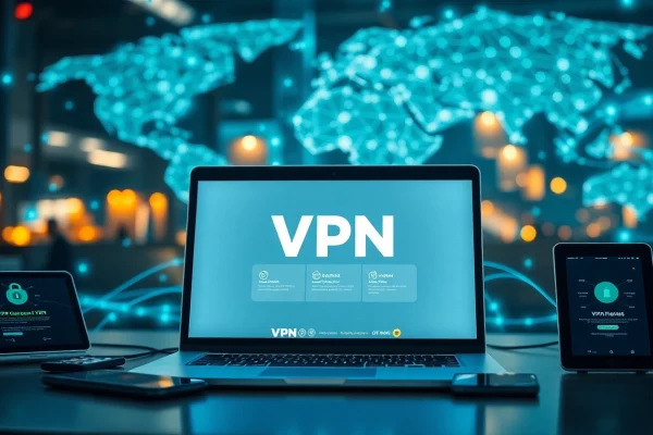 在高科技环境中，笔记本屏幕显示快连官网界面，周围环绕着智能手机和平板电脑。