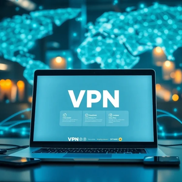 在高科技环境中，笔记本屏幕显示快连官网界面，周围环绕着智能手机和平板电脑。