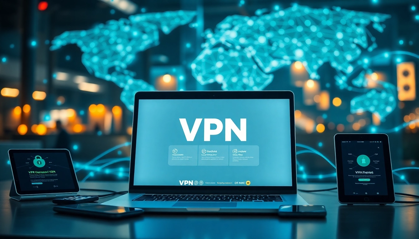 在高科技环境中，笔记本屏幕显示快连官网界面，周围环绕着智能手机和平板电脑。