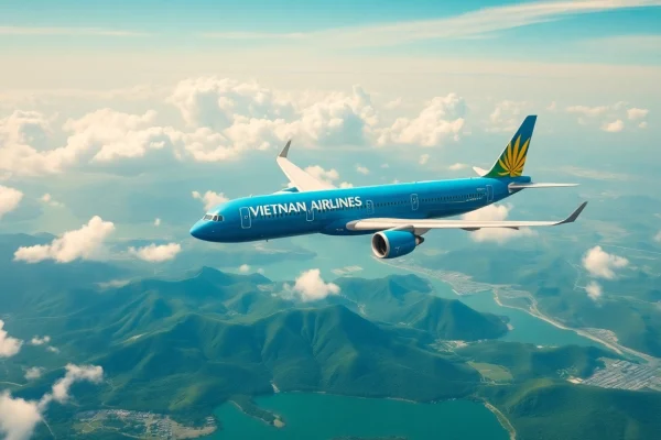 Vietnam Airlines flight VN168 soaring over lush Vietnamese landscapes with clear skies.