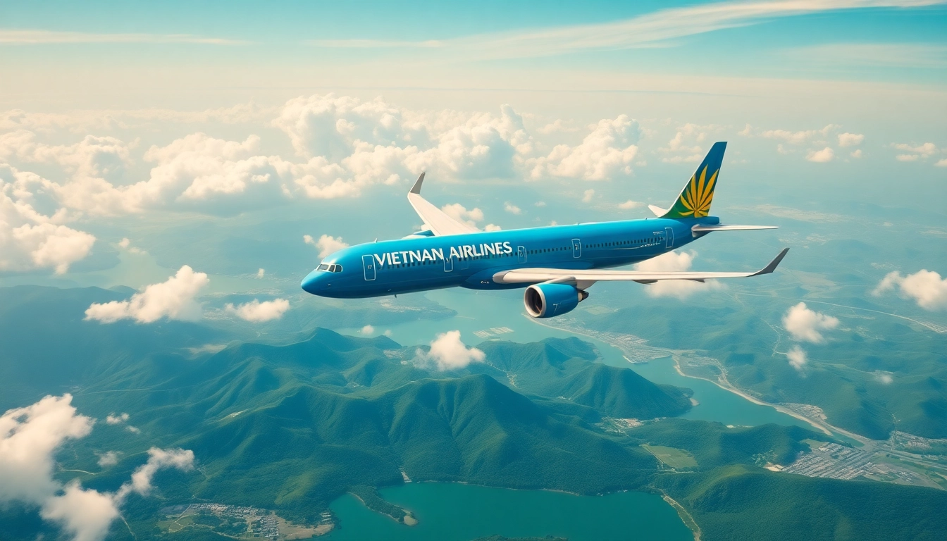 Vietnam Airlines flight VN168 soaring over lush Vietnamese landscapes with clear skies.