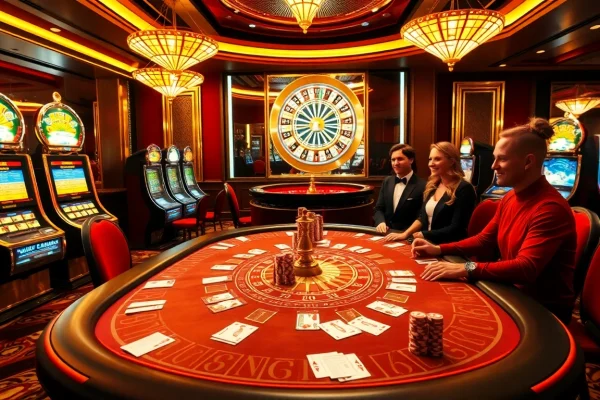A vibrant casino scene showcasing alo 789 gameplay with poker players and a roulette wheel in action, reflecting excitement and betting strategies.