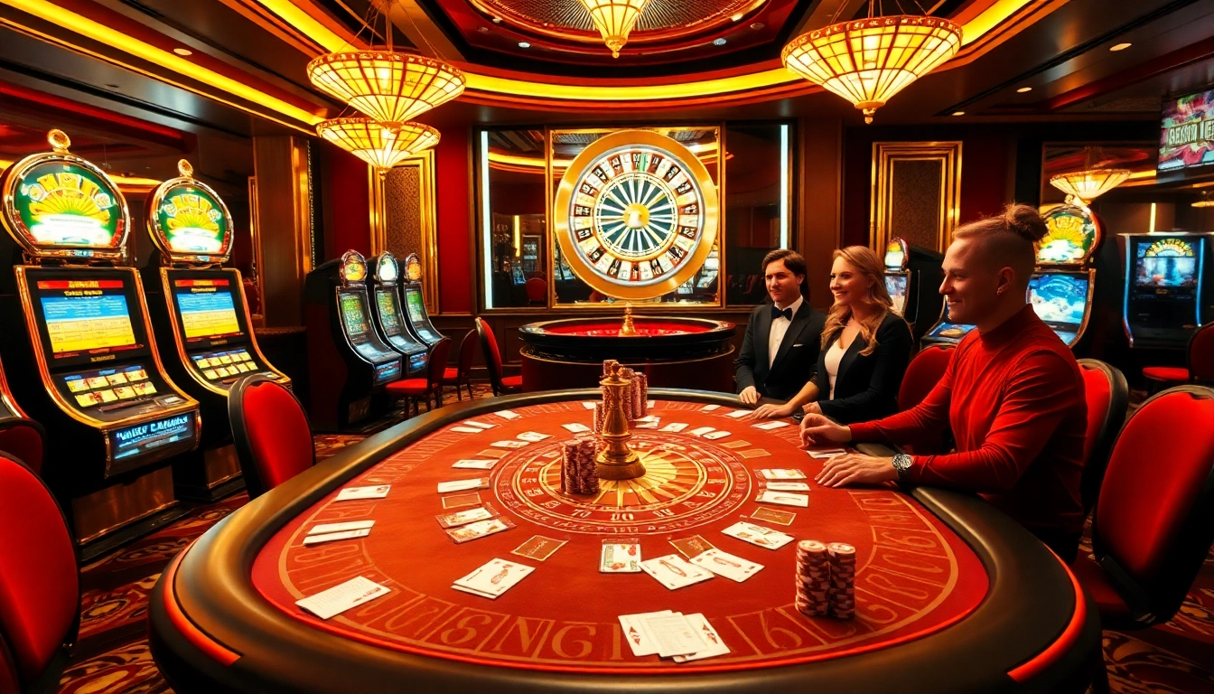 A vibrant casino scene showcasing alo 789 gameplay with poker players and a roulette wheel in action, reflecting excitement and betting strategies.