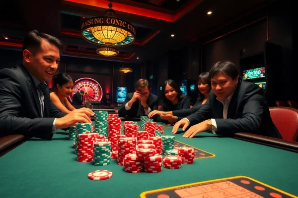 Thrilling gambling scene at Trang chủ Lu88 with engaging poker players and vibrant casino details.