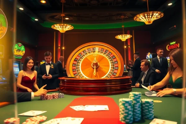 Experience the excitement of gambling at hay.win with a vibrant casino scene showcasing roulette and poker.
